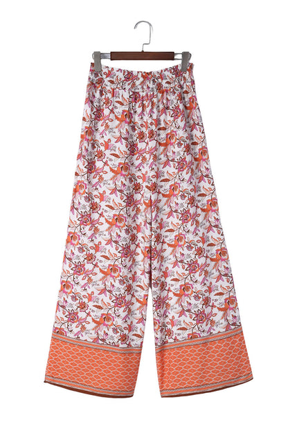 Floral Shirred High Waist Wide Leg Pants