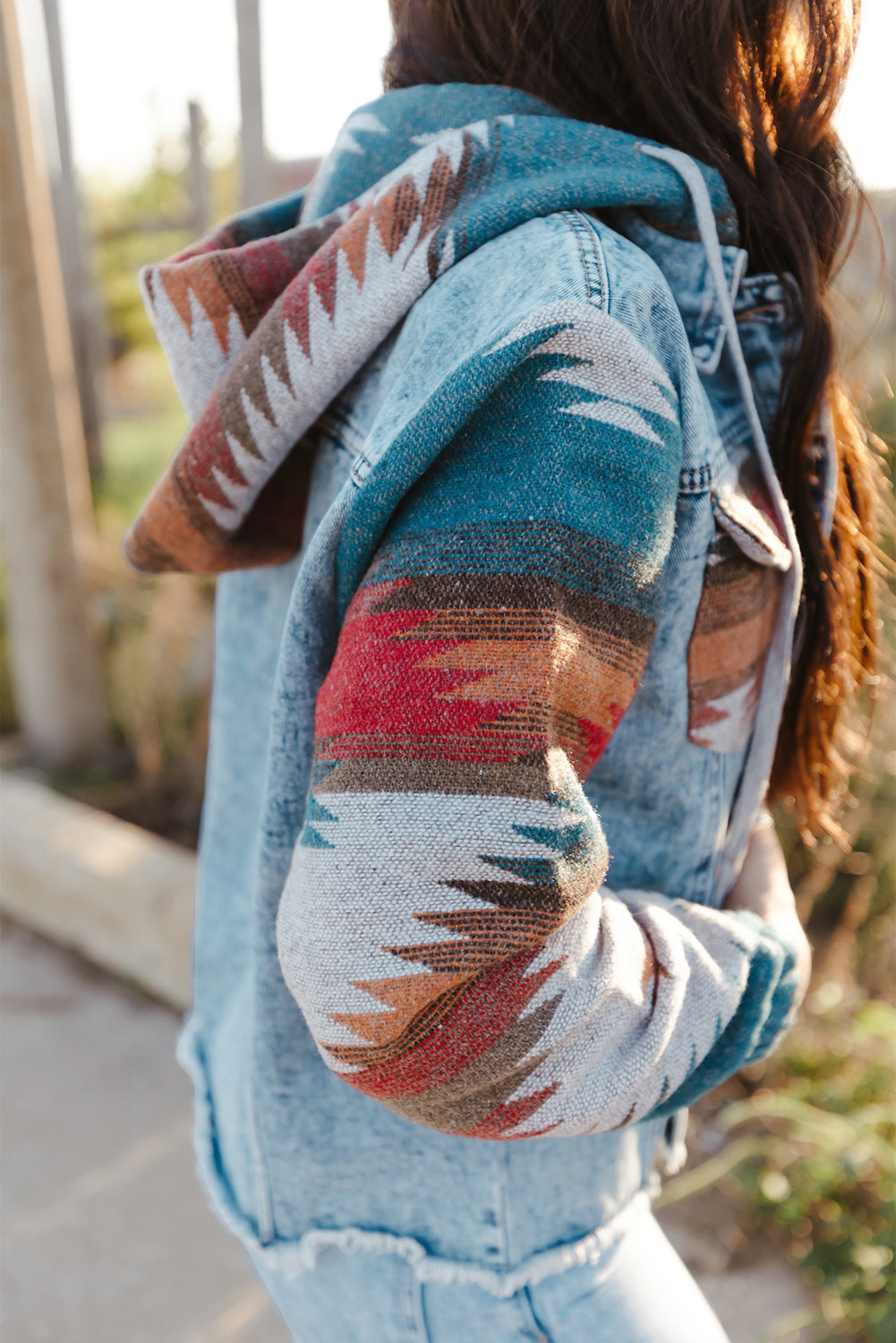 Aztec Print Frayed Hem Denim Jacket