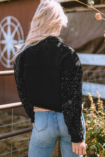 Sequin Raw Hem Denim Jacket