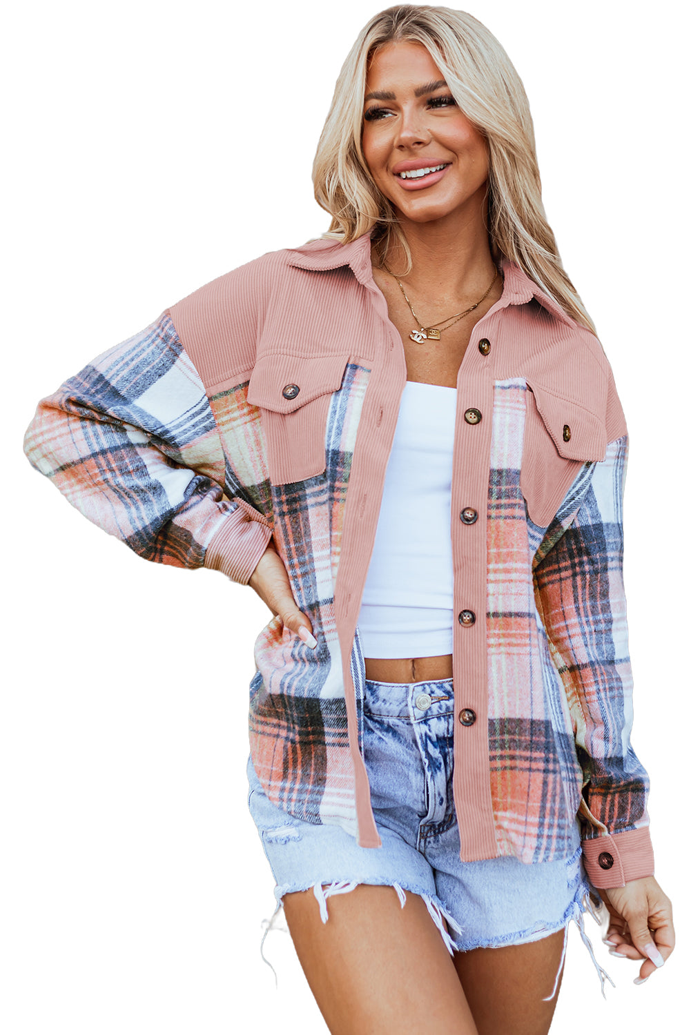 Plaid Corduroy Patchwork Chest Shacket