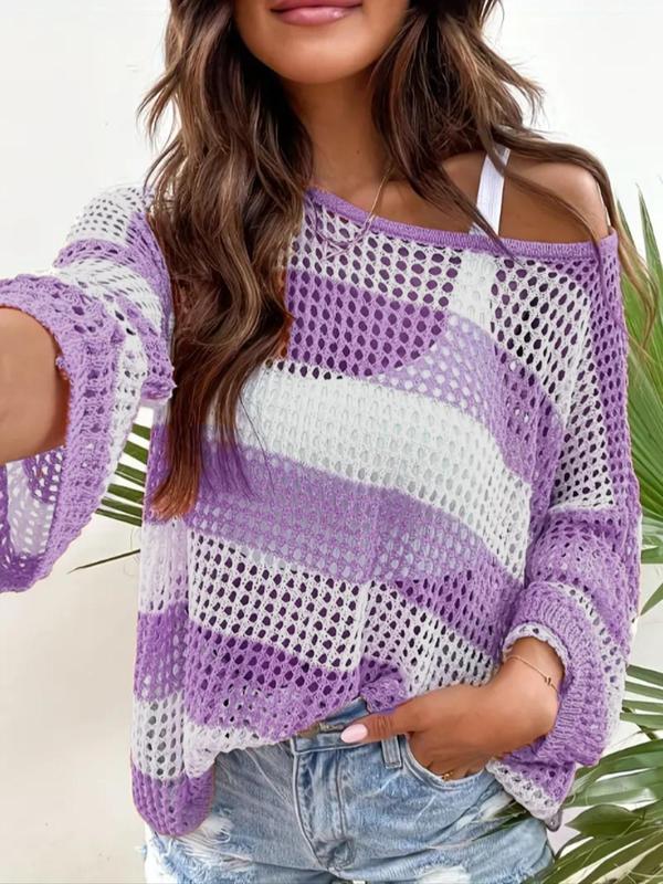 Women's Striped Print Hollow Out Sheer Crochet Sweater