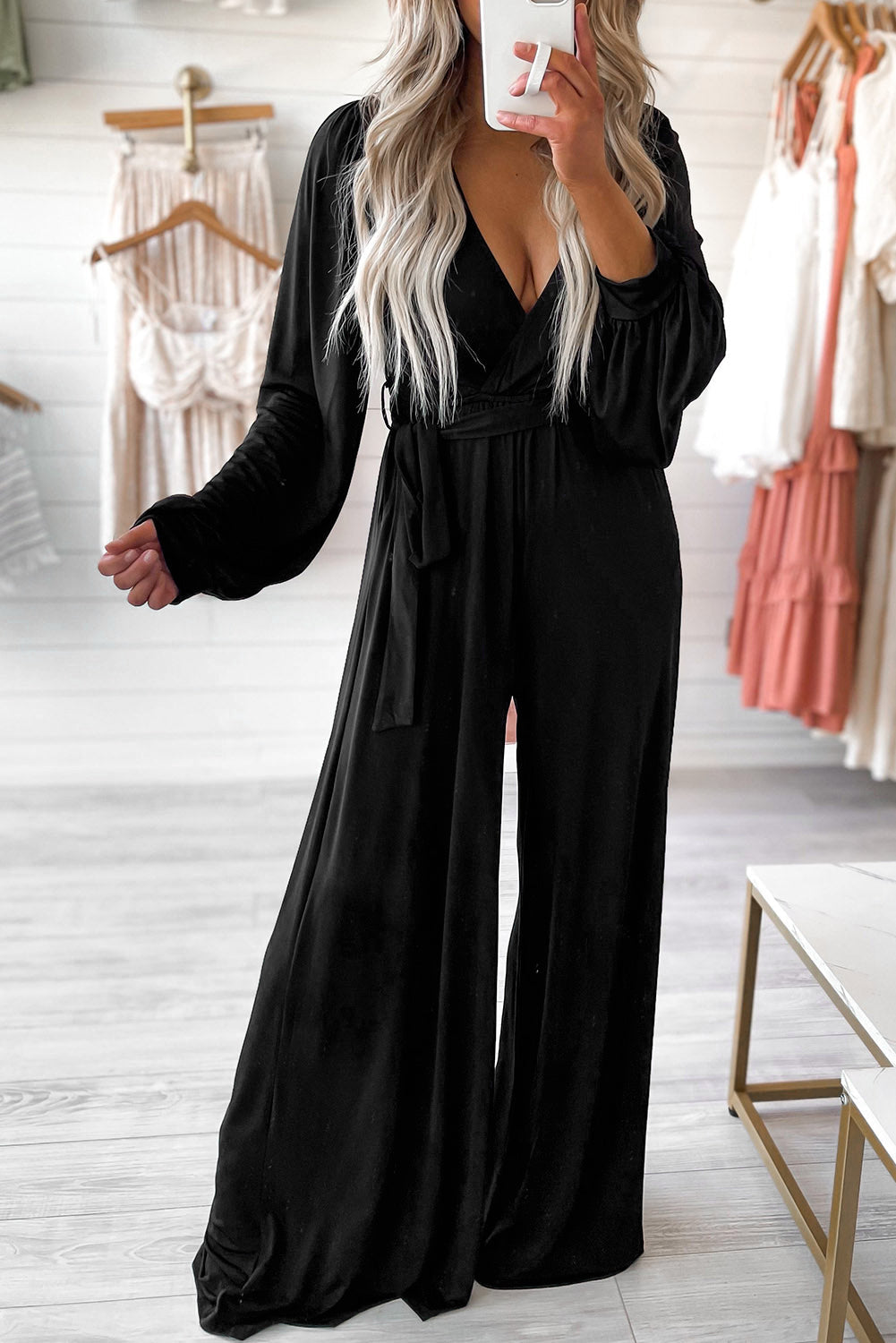 Cutout Back V Neck Wide Leg Jumpsuit