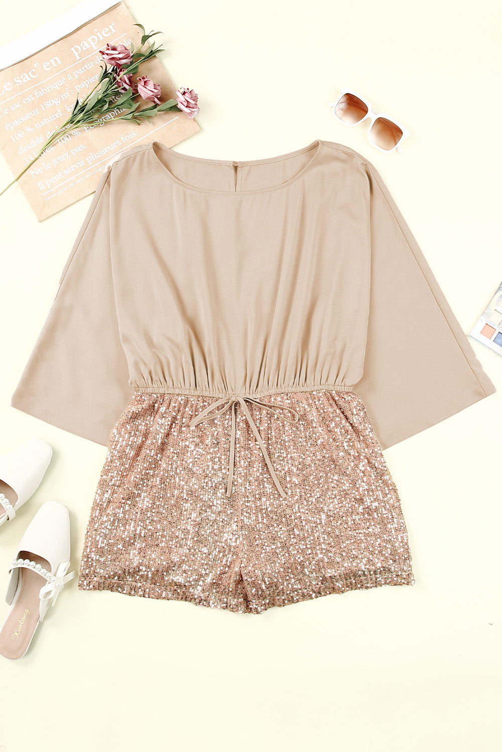 Sequin Drawstring High Waist Romper