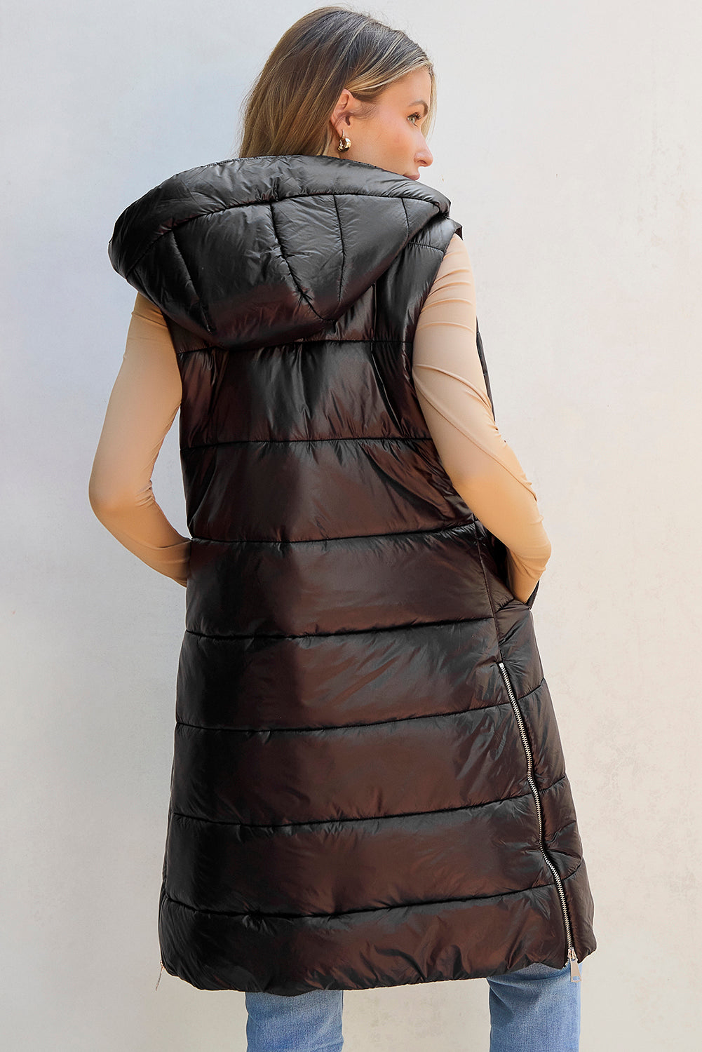 Hooded Long Quilted Vest Coat