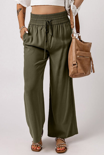 Brown Elastic Waist Casual Wide Leg Pants