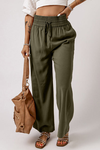 Brown Elastic Waist Casual Wide Leg Pants