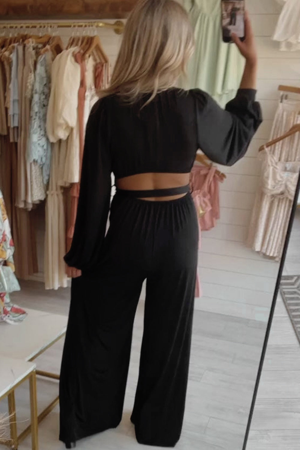 Cutout Back V Neck Wide Leg Jumpsuit