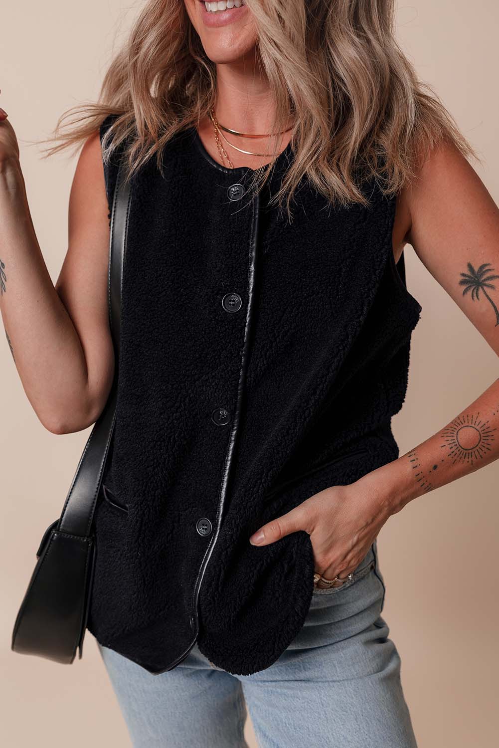 Leather Contrast Side Pockets Buttoned Fleece Vest