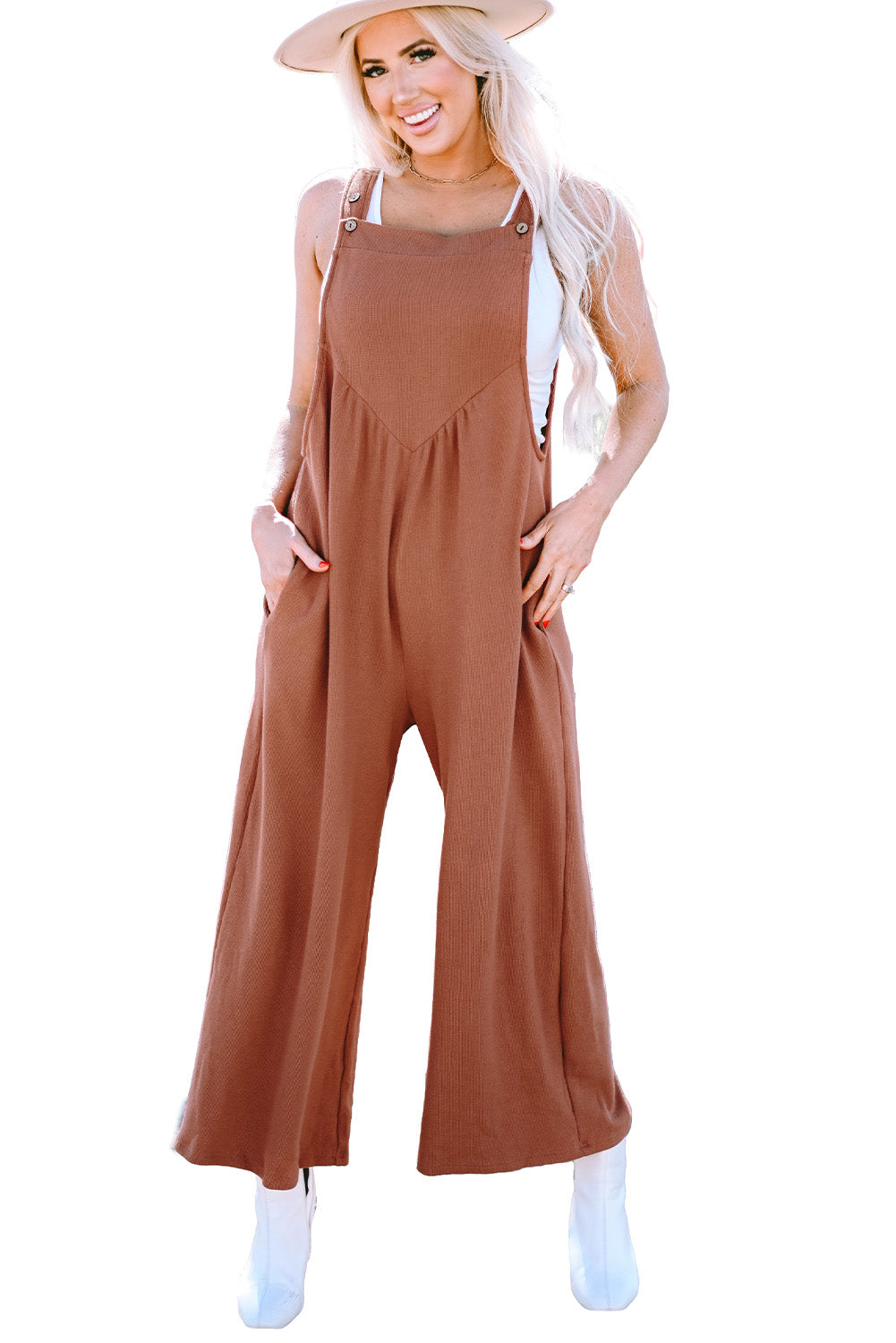 Buttoned Straps Ruched Wide Leg Jumpsuit