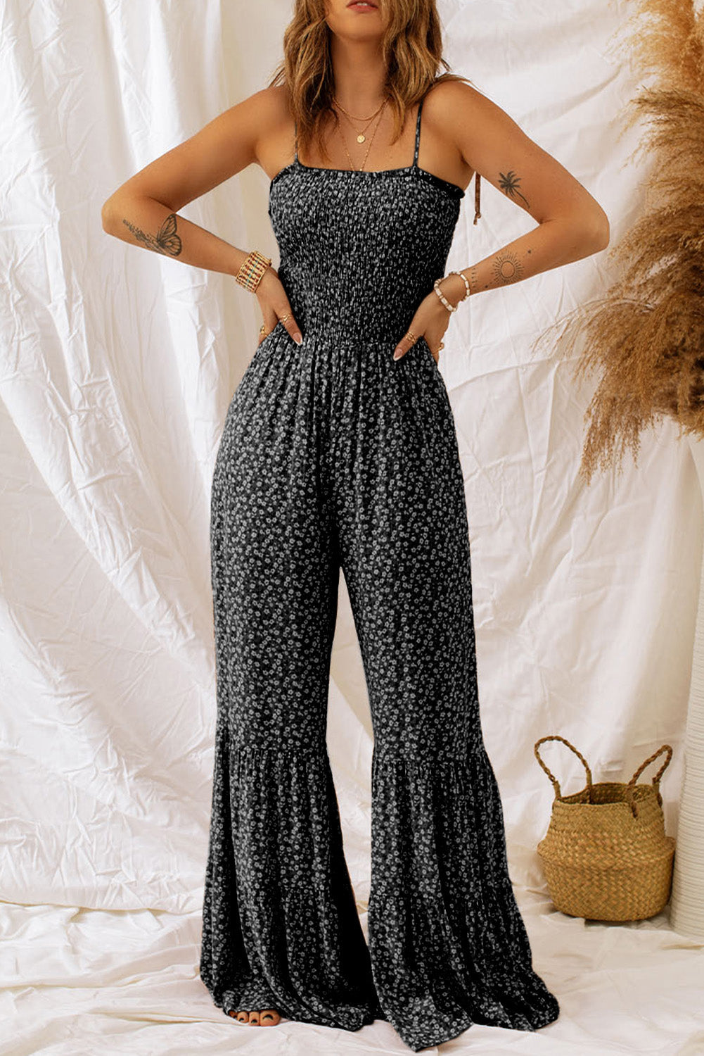 Straps Bodice Wide Leg Floral Jumpsuit