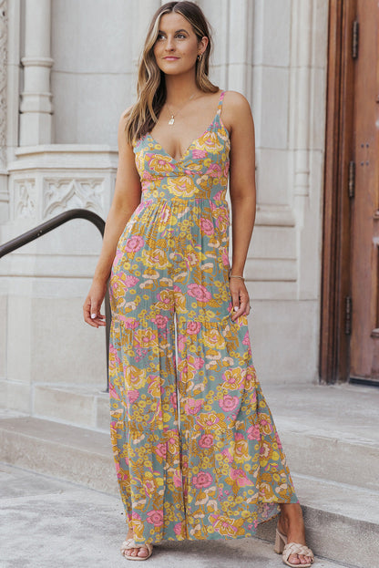 Straps Floral Tiered Wide Leg Jumpsuit