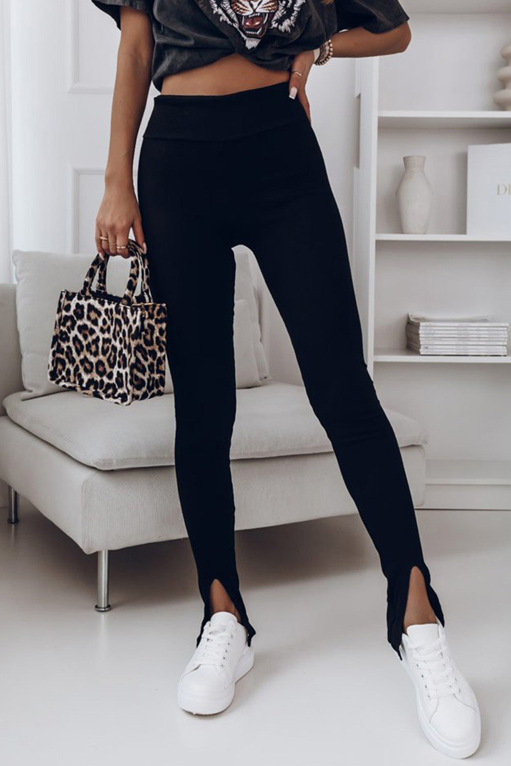 Rib Knit High Waist Black Slit Leggings