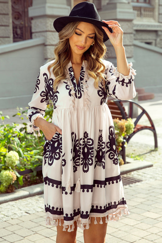 Western Pattern Tasseled Notch Mini Dress