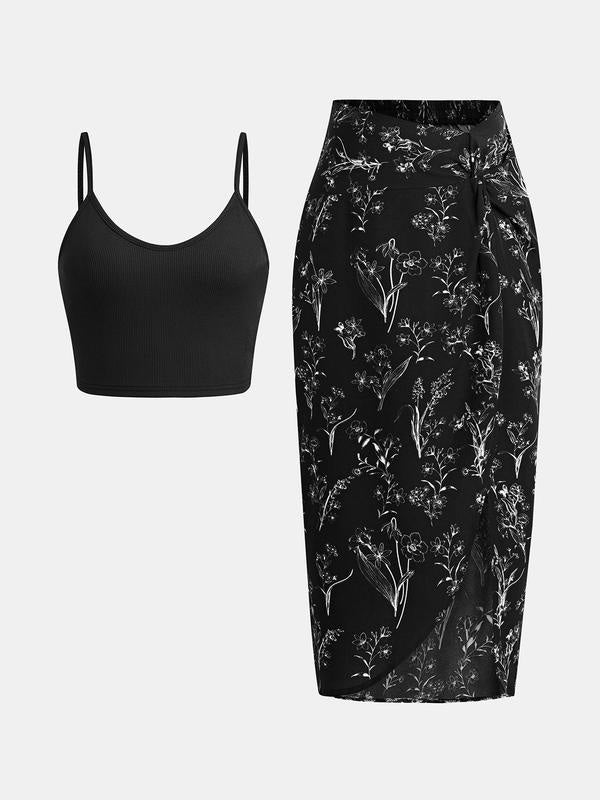 Women's Crop Cami Top &amp; Ditsy Floral Print Asymmetrical Twist Skirt Set