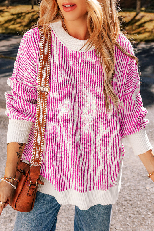 Striped Textured Knit Loose Sweater