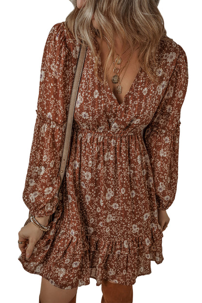 Boho Floral Ruffled Puff Sleeve Mini Dress