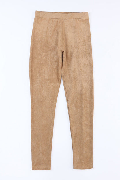 High Waist Faux Suede Khaki Skinny Leggings