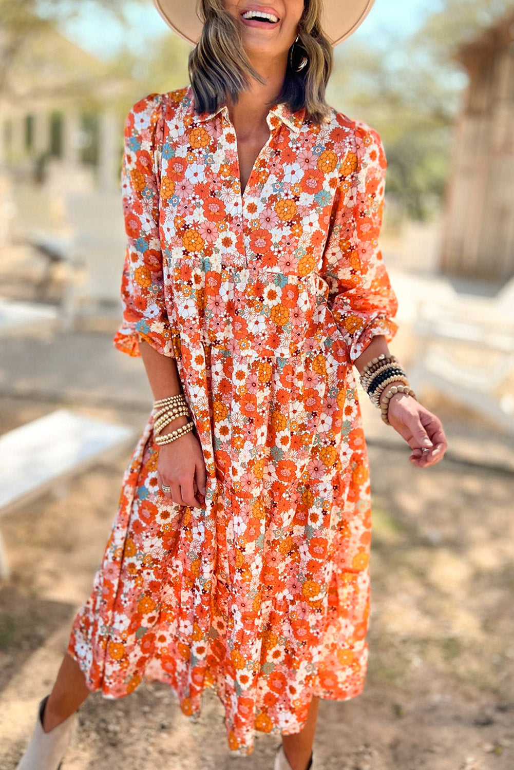 Boho Collared Long Sleeve Ruffled Dress