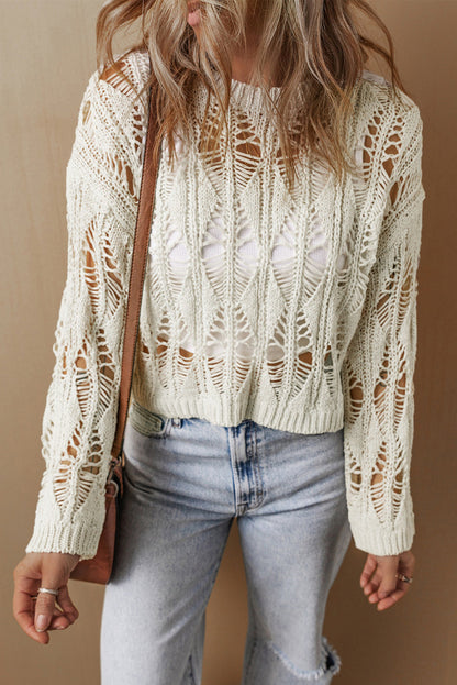 Cut Out Crochet Crew Neck Loose Fit Sweater