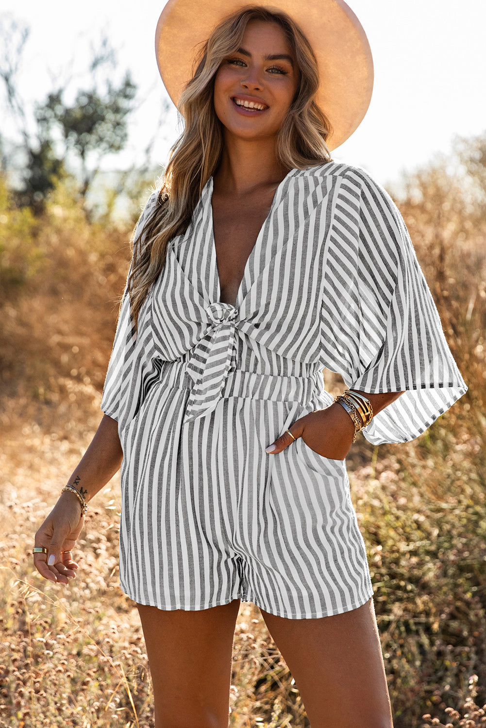 Kimono Sleeves Tie Front Striped Romper