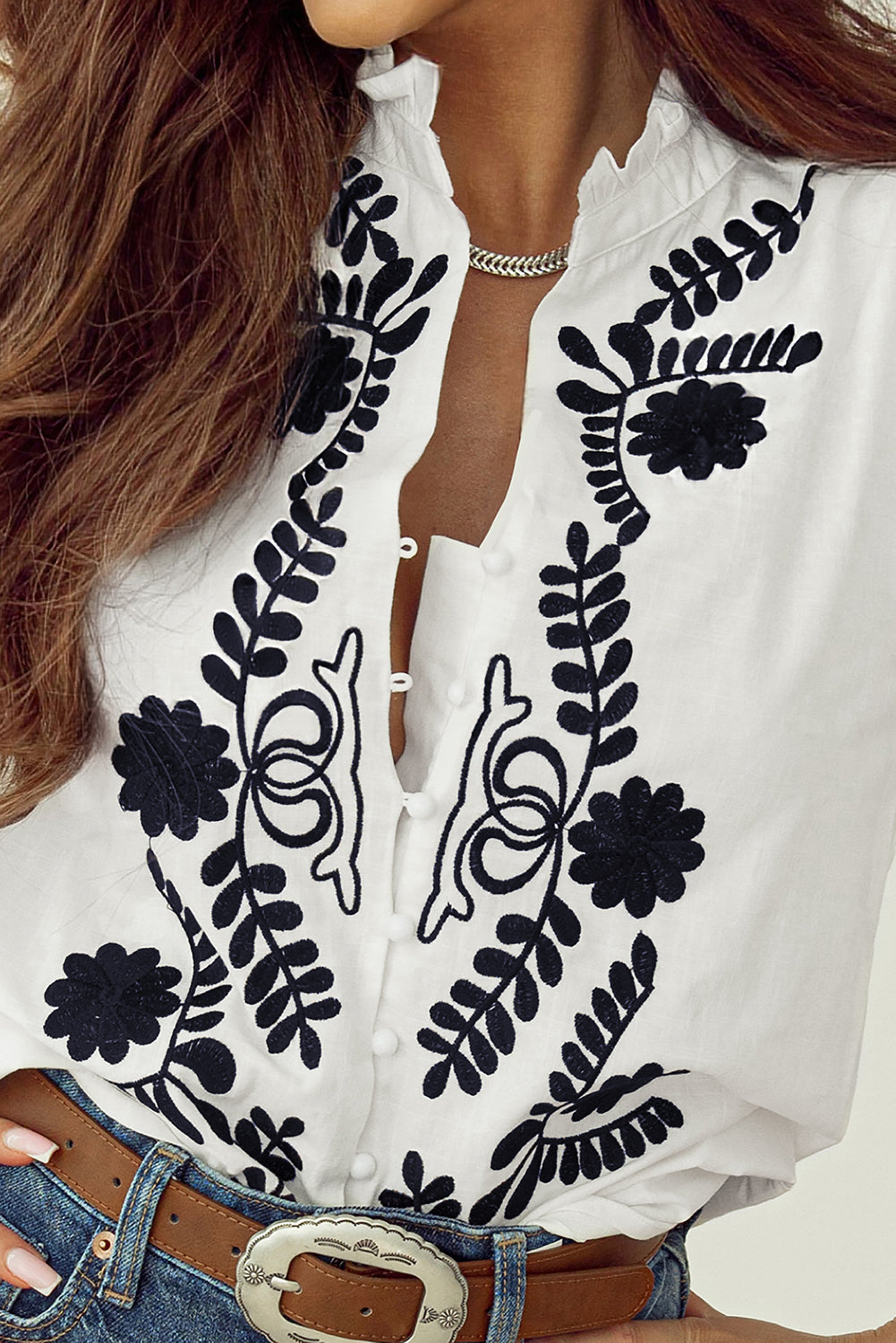 Floral Embroidered Shirred Sleeve Elegant Shirt