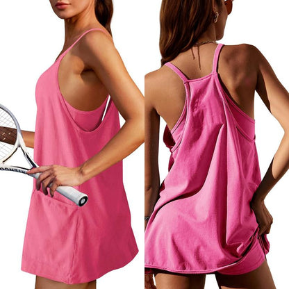 Womens Athletic Sleeveless Mini Dress with Built-in Shorts V Neck Spaghetti Strap Short Tennis Dress with Pockets