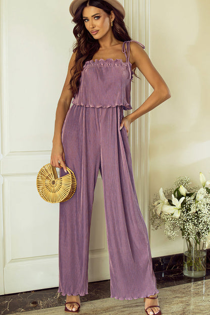 Tied Straps Pleated Wide Leg Jumpsuit