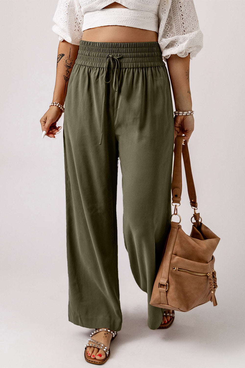 Brown Elastic Waist Casual Wide Leg Pants