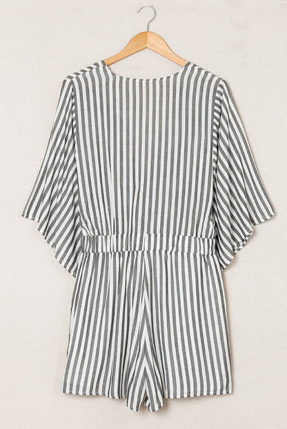 Kimono Sleeves Tie Front Striped Romper