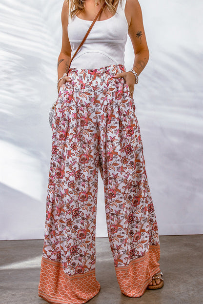 Floral Shirred High Waist Wide Leg Pants