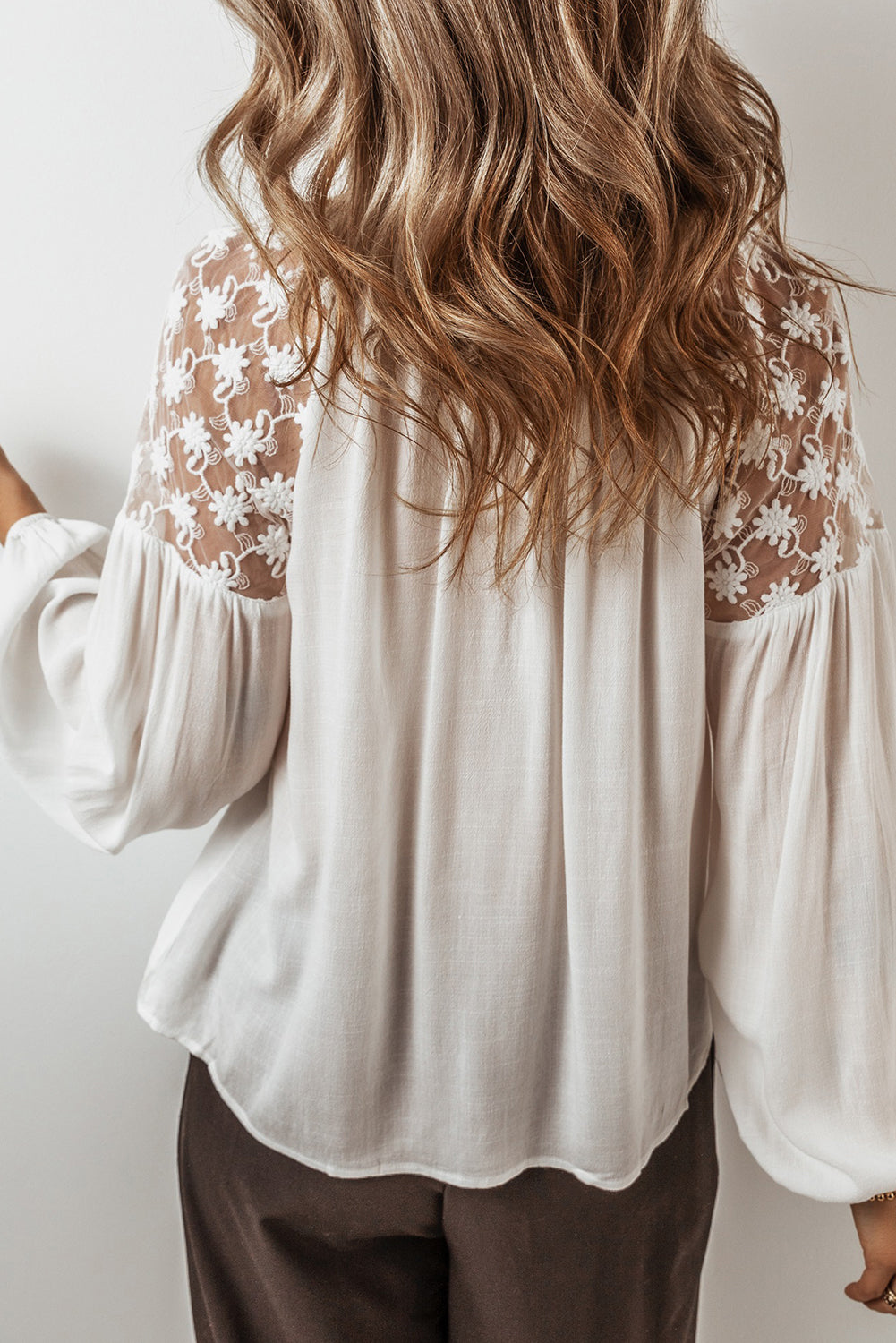 Floral Lace Puff Sleeve Tied Blouse