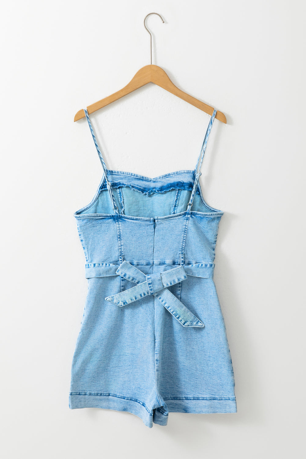 Spaghetti Straps Belted Denim Romper