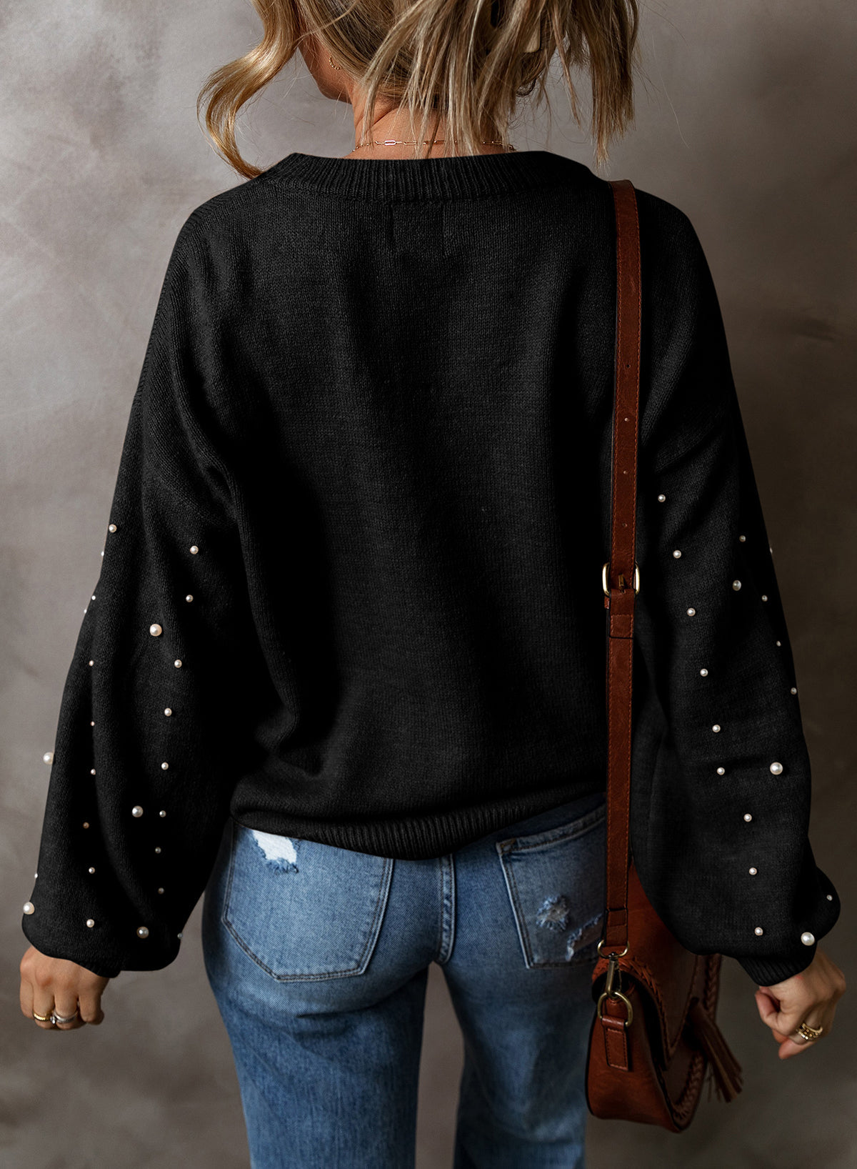 Pearled Drop Shoulder Round Neck Sweater