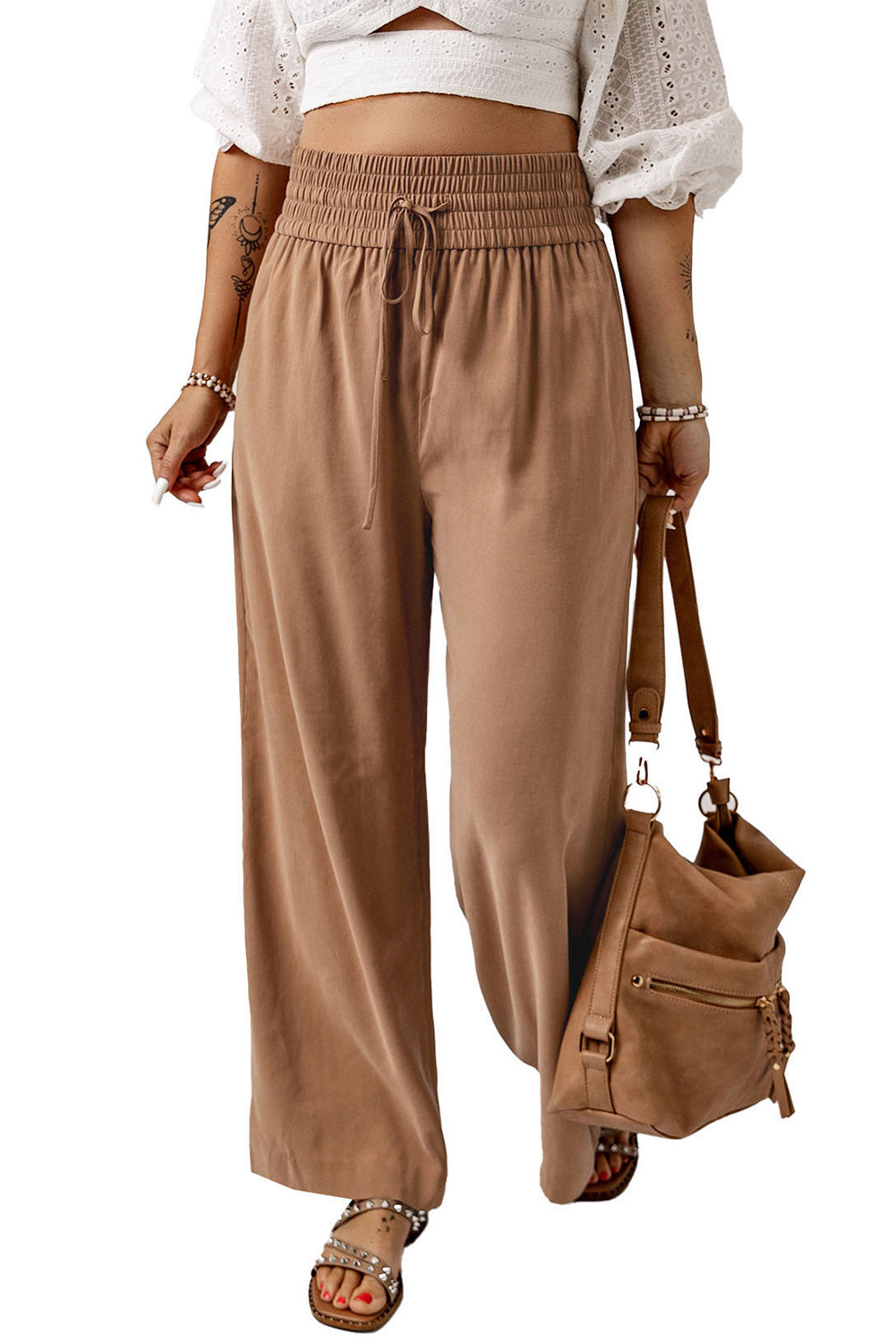 Drawstring Elastic Waist Casual Wide Leg Pants