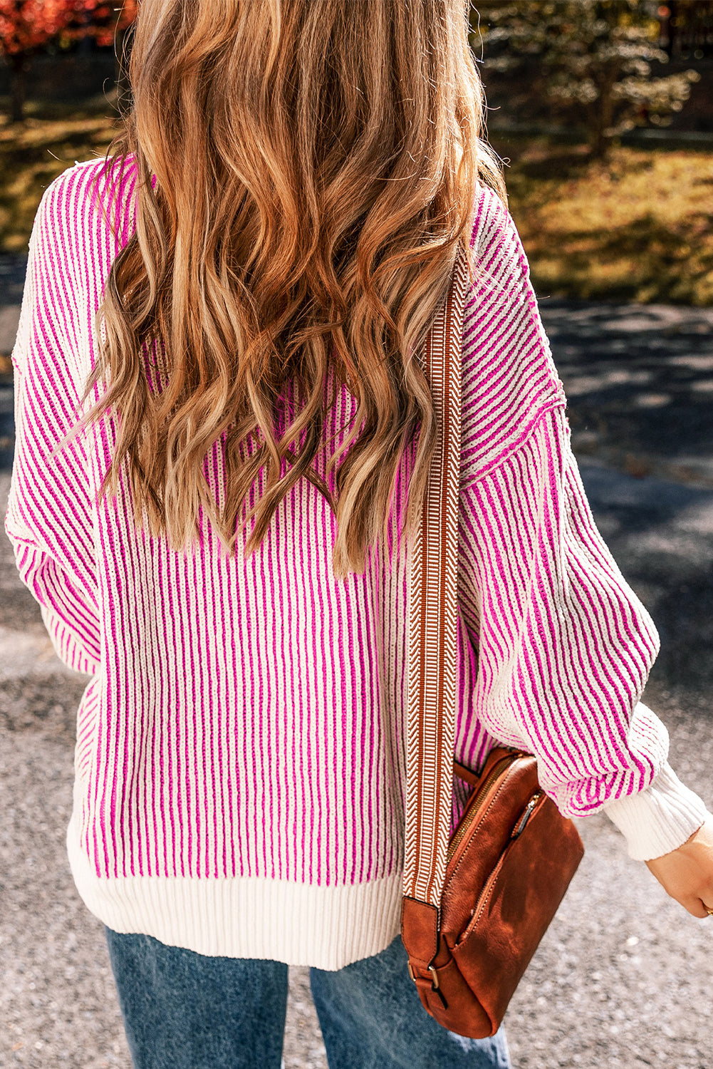 Striped Textured Knit Loose Sweater