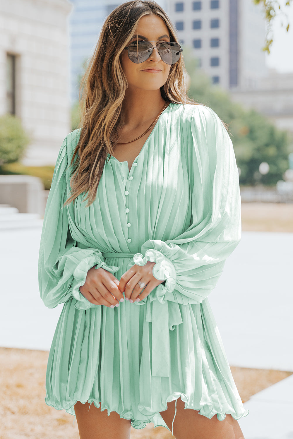 Ruffled Tie Waist Buttons V Neck Romper