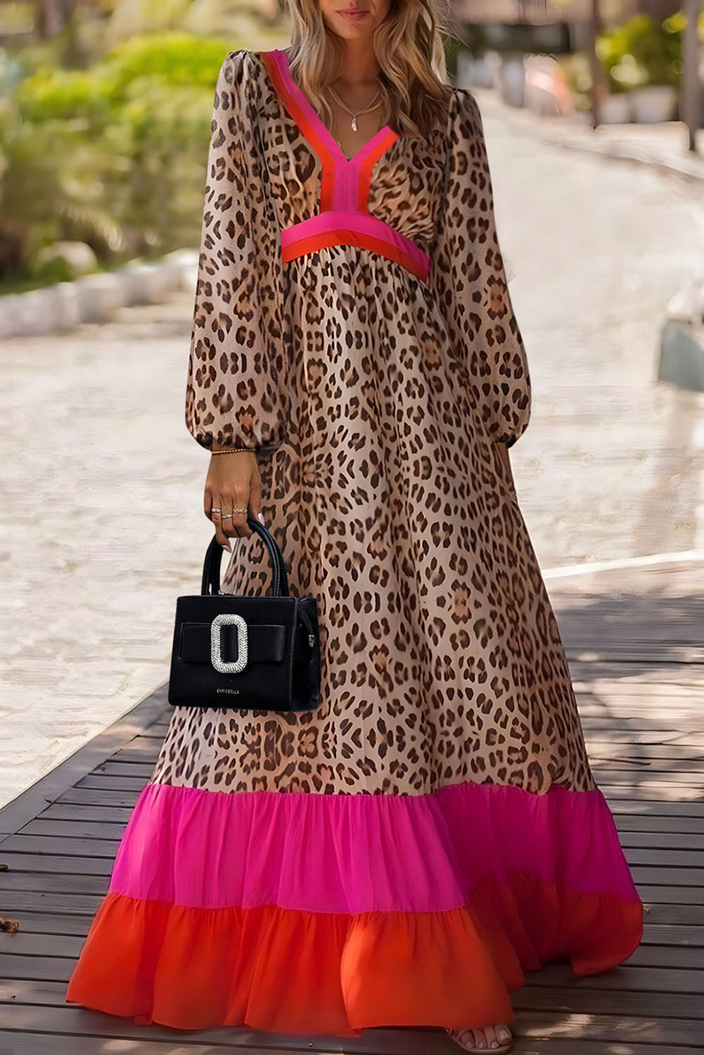 Leopard V Neck Loose Fit Maxi Dress