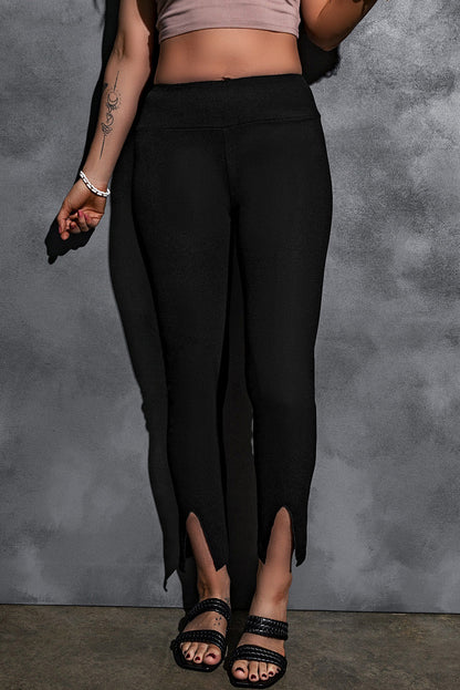 Rib Knit High Waist Black Slit Leggings