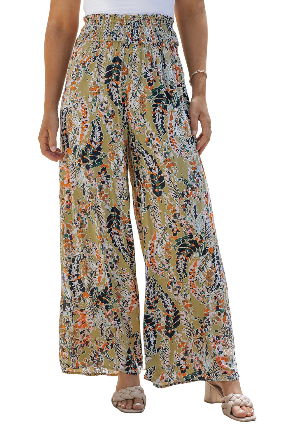 Floral Print Shirred High Waist Wide Leg Casual Pants