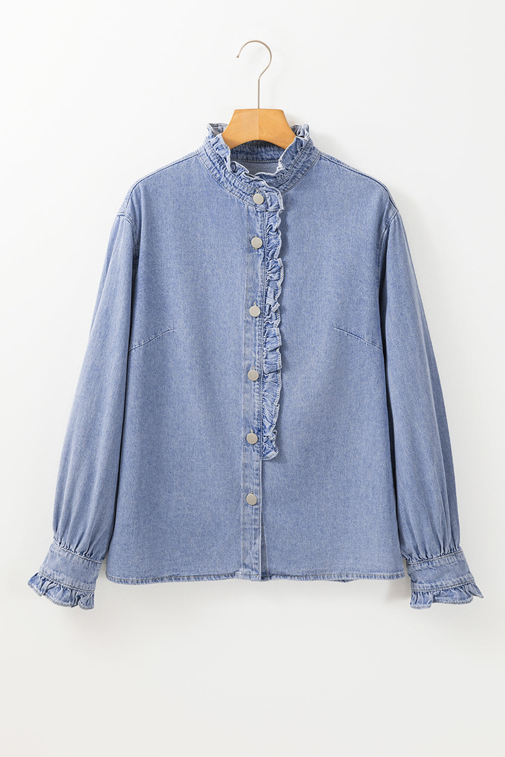 Ruffled Long Sleeve Denim Shirt