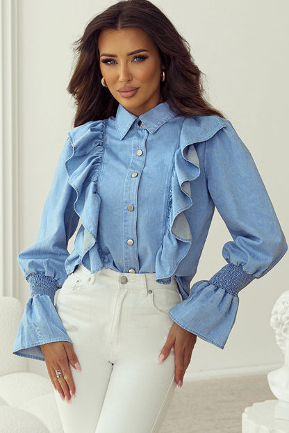 Ruffled Shirred Cuffs Chambray Shirt