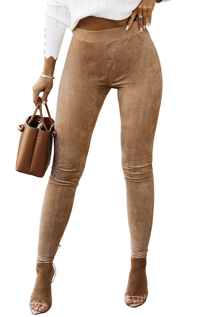 High Waist Faux Suede Khaki Skinny Leggings