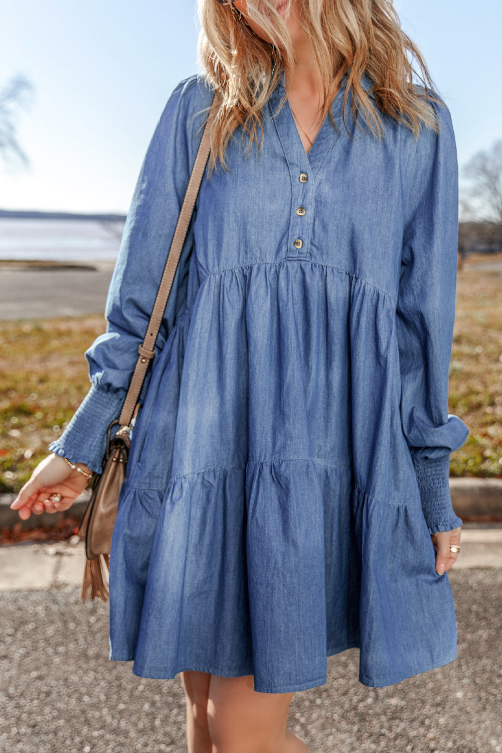 Smocked Cuff Tiered Denim Mini Dress