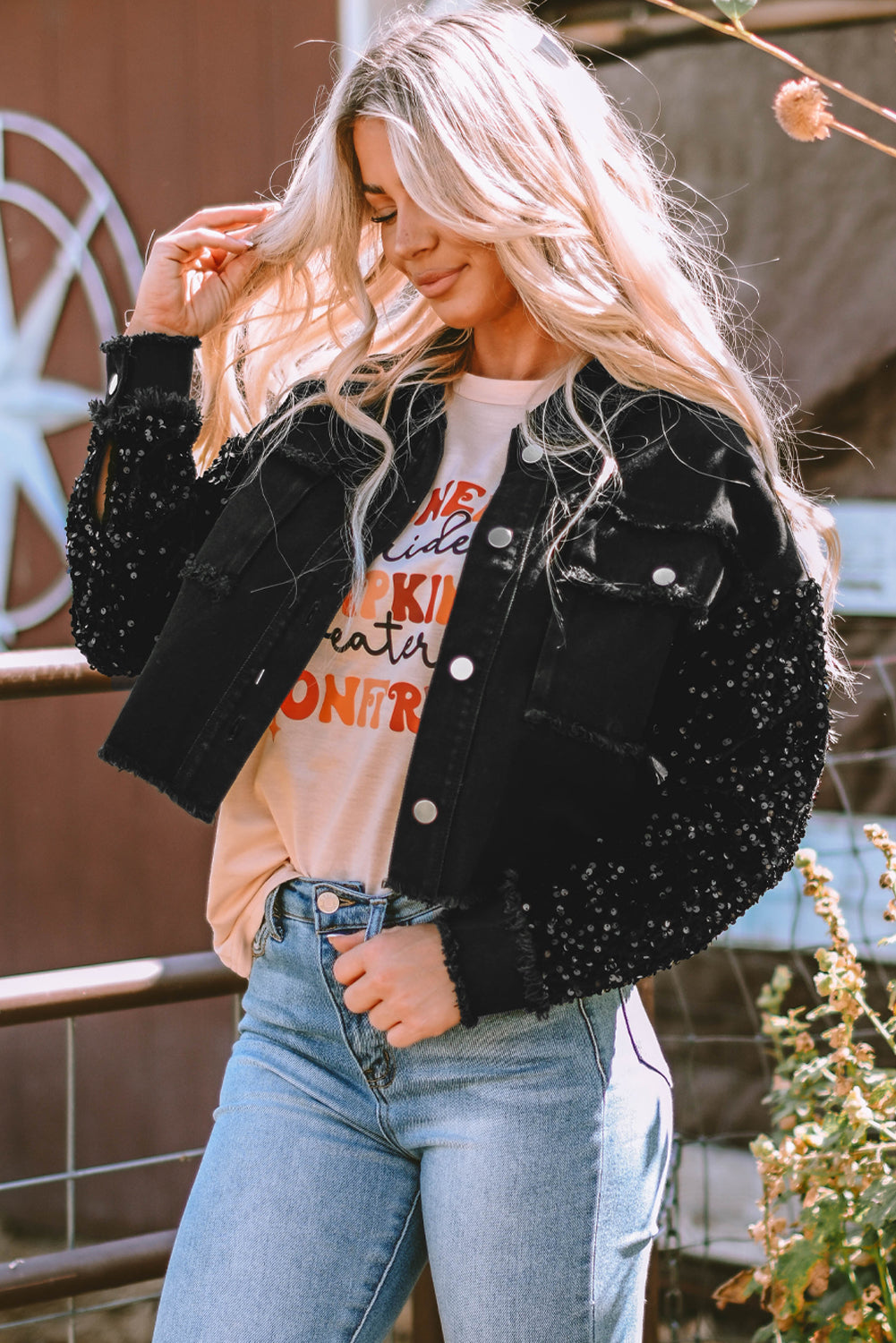 Sequin Raw Hem Denim Jacket