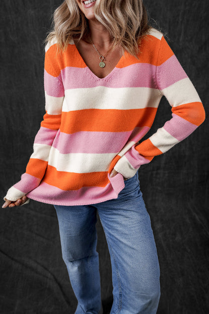 Colorblock V Neck Casual Sweater