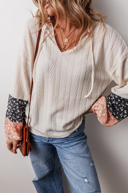 Floral Textured Knit Drawstring Blouse