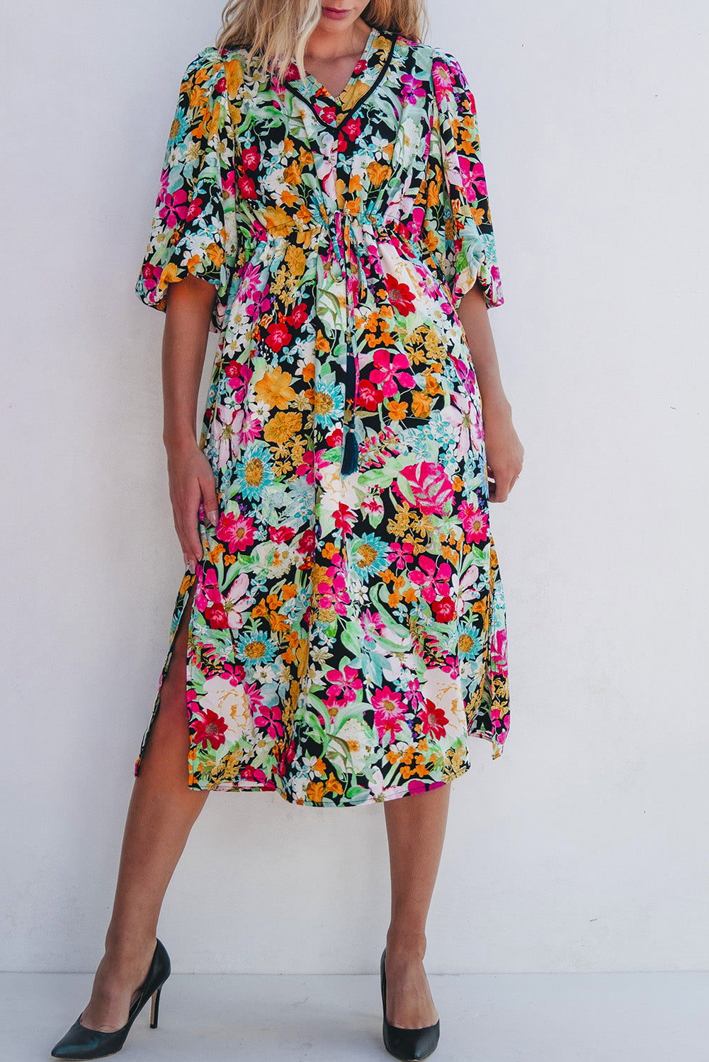 Floral Tassel Drawstring Dress