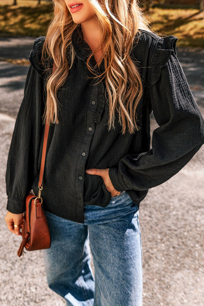 Textured Ruffled Trim Loose Fit Shirt