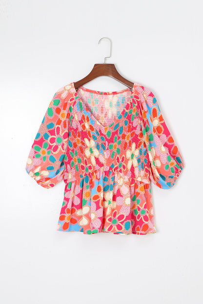 Boho Flower Print Puff Sleeve Peplum Top