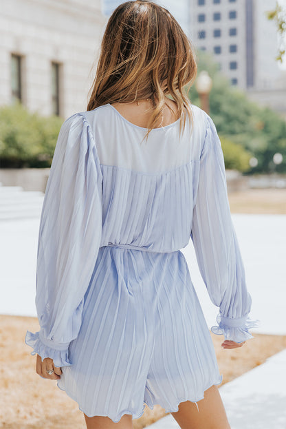 Pleated Ruffled Tie Waist Buttons Romper